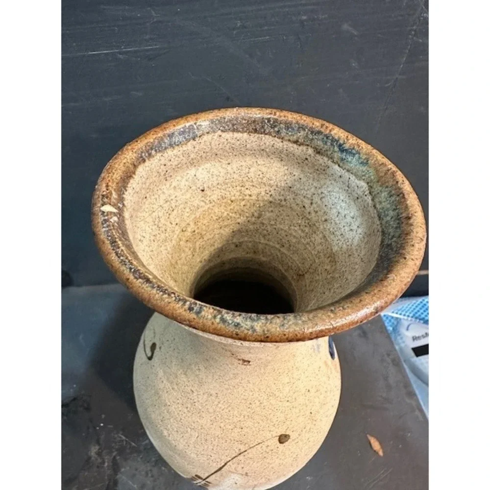 Vintage Mexican Folk Art Pottery Vase Bird Floral‎ Cancun Signed Stoneware 10.5